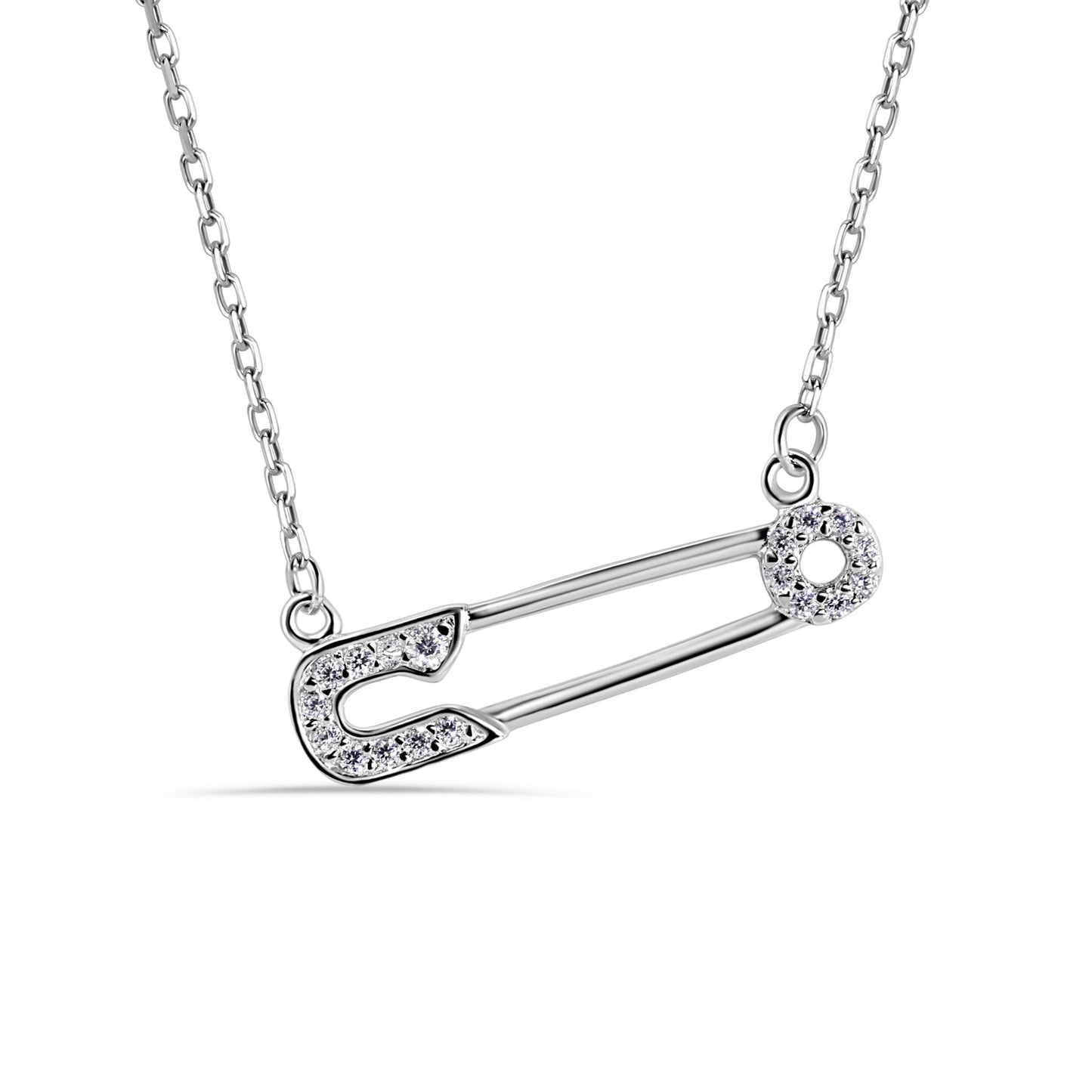 Silver 925 Rhodium Plated CZ Safety Pin Necklace - GMN00008RH SPI