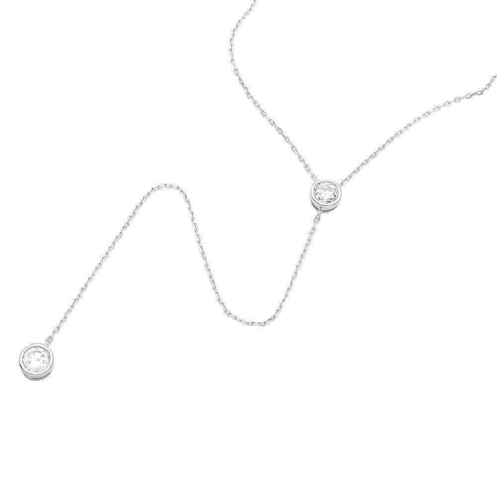Silver 925 Rhodium Plated Double CZ Drop Necklace - GMN00010 SPI