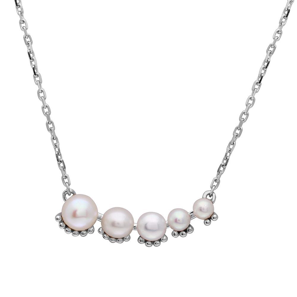 Silver 925 Rhodium Plated Graduated Fresh Water Pearl Necklace - GMN00011RH SPI