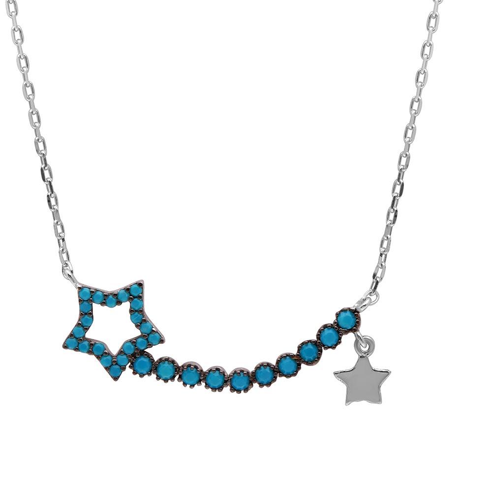 Silver 925 Rhodium Plated Turquoise Open Star Necklace - GMN00013RH SPI
