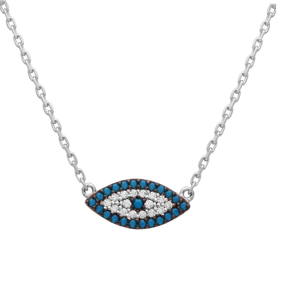 Silver 925 Rhodium Plated Turquoise and CZ Evil Eye Necklace - GMN00014RH-T SPI