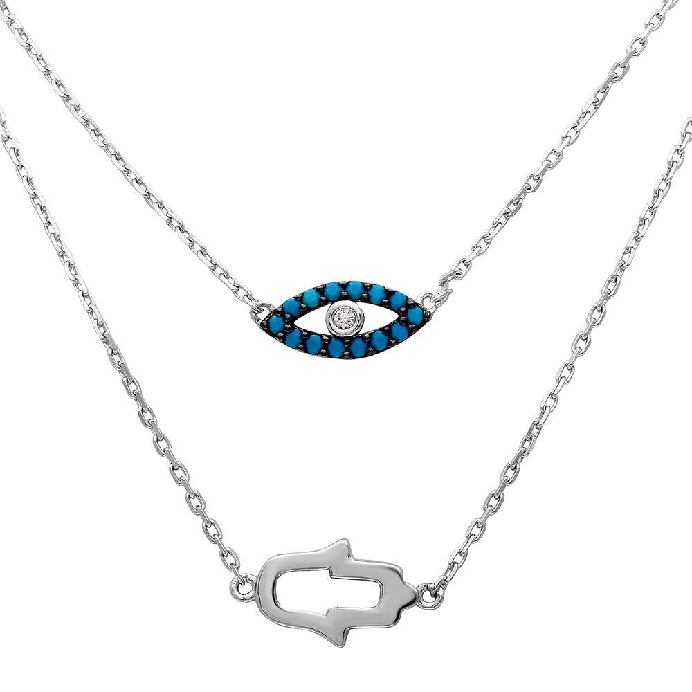 Silver 925 Rhodium Plated Hamsa Hand and Evil Eye Necklace - GMN00015RH SPI