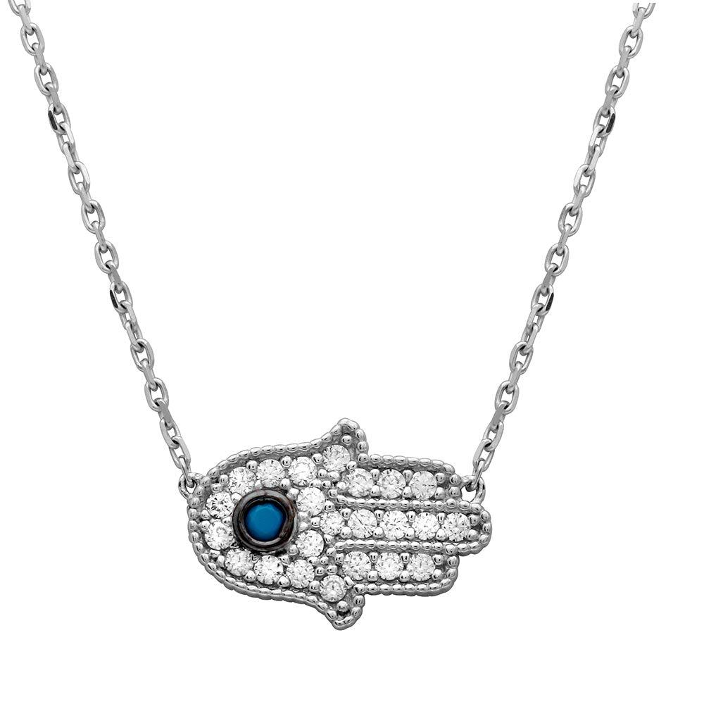Silver 925 Rhodium Plated CZ Encrusted Hamsa Necklace with Turquoise Stone - GMN00016RH SPI