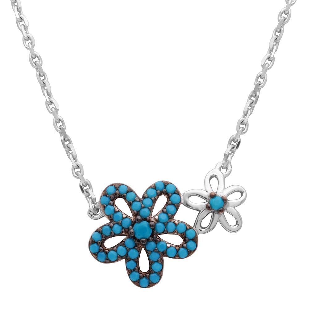 Silver 925 Rhodium Plated Double Flower Necklace with Turquoise Stones - GMN00017BLK-T SPI