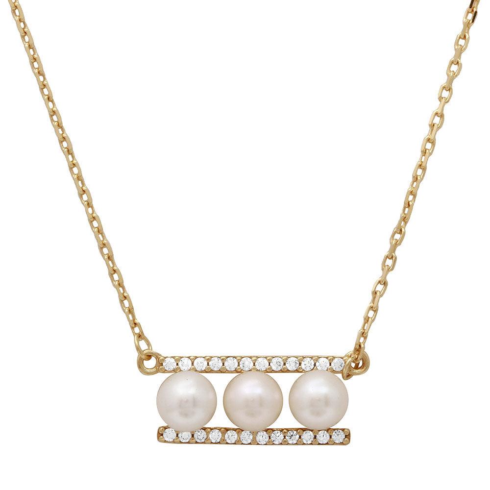 Gold Plated 925 Sterling Silver 3 Fresh Water Pearl On 2 CZ Bar Necklace - GMN00020GP SPI
