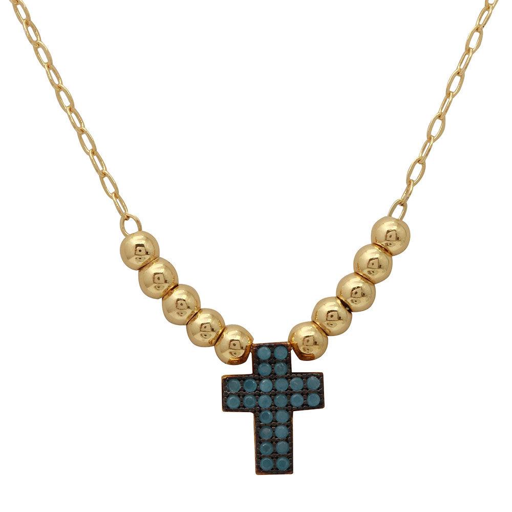 Gold Plated 925 Sterling Silver Beaded Necklace with Turquoise Stone Cross - GMN00025GB SPI