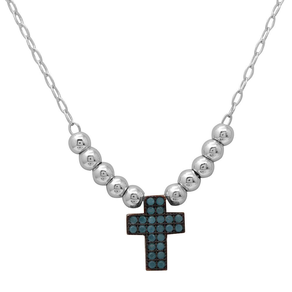 Rhodium Plated 925 Sterling Silver Beaded Necklace with Turquoise Stone Cross - GMN00025RB SPI