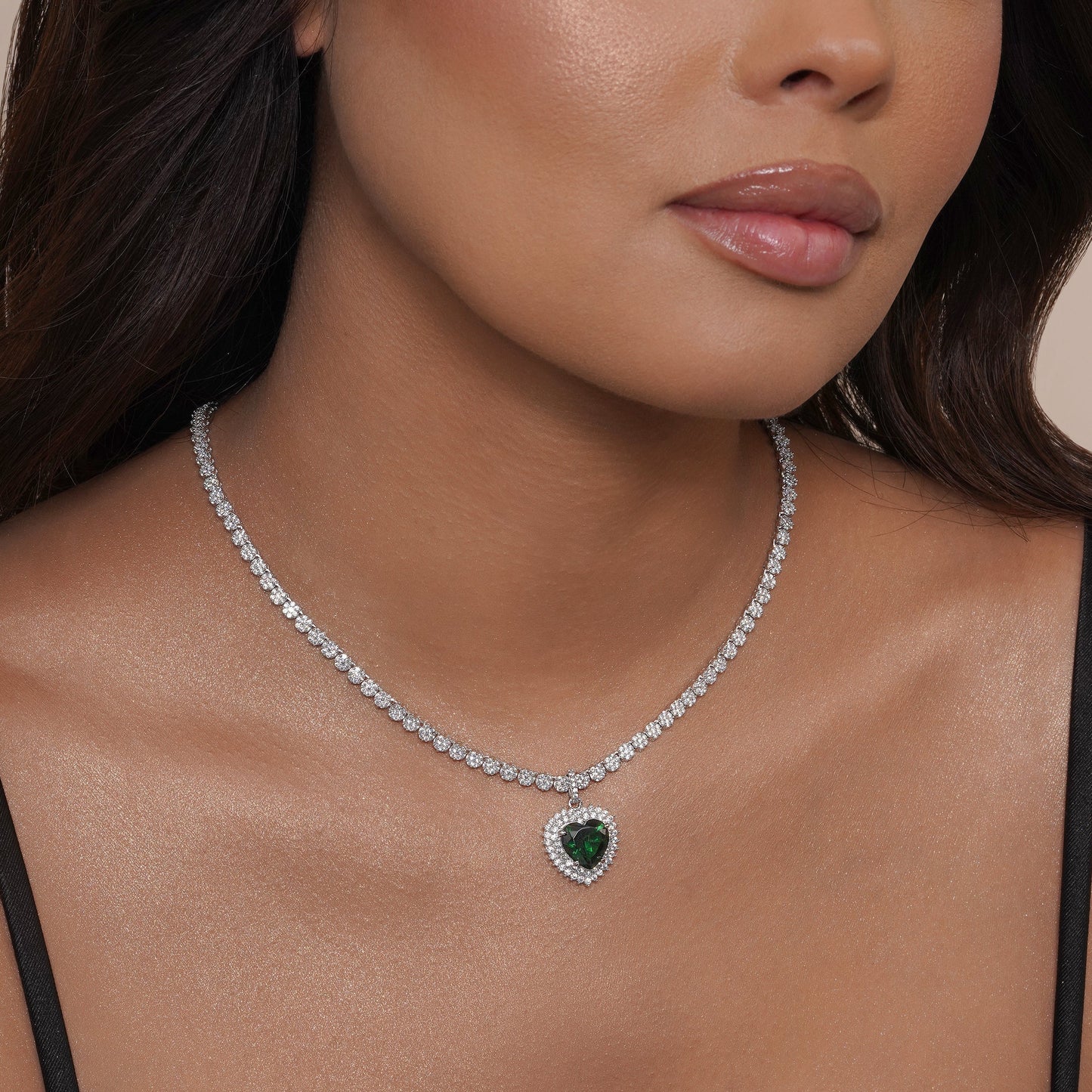 Rhodium Plated 925 Sterling Silver Heart Green CZ Pendant 3.8mm Round Cut Clear CZ Tennis Necklace - GMN00222 Fantastic Jewelry NYC