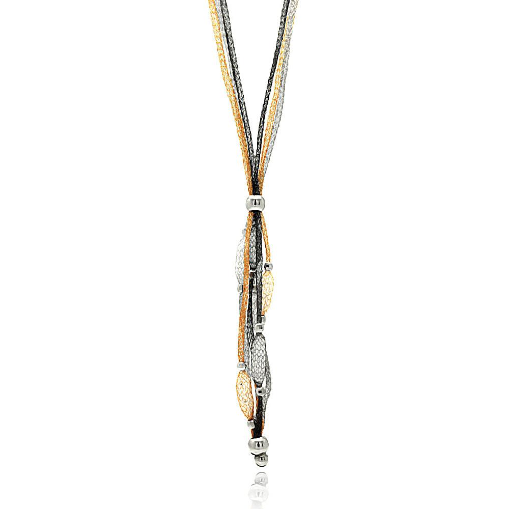 Clearance- Three-Tone 925 Sterling Silver Triple Strand Mesh Necklace and Dropped Mesh Filled with CZ - ITN00065MULTI SPI