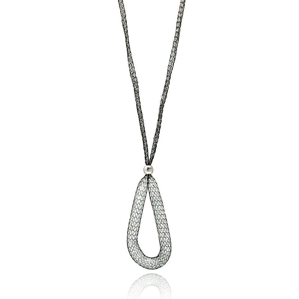 Black Rhodium Plated 925 Sterling Silver Mesh Necklace and Dropped Mesh Teardrop with Filled CZ - ITN00077BLK SPI