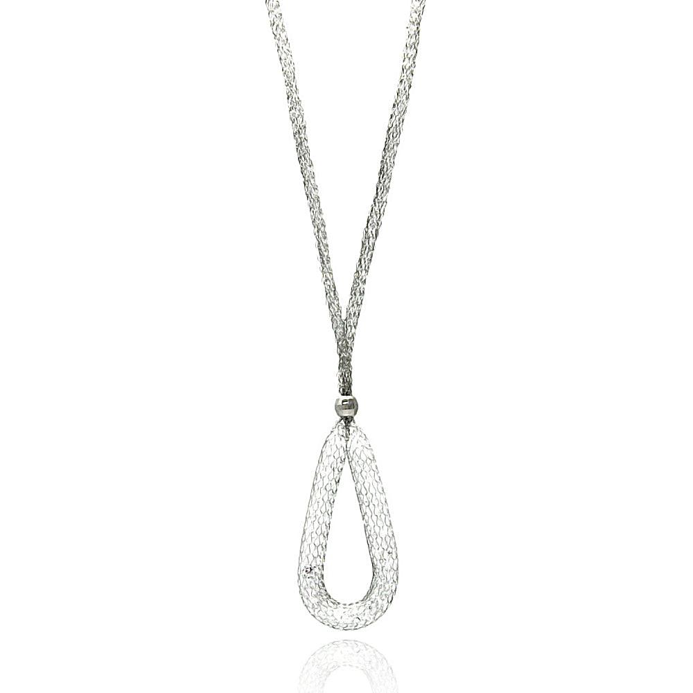 Rhodium Plated 925 Sterling Silver Mesh Necklace and Dropped Mesh Teardrop with Filled CZ - ITN00077RH SPI
