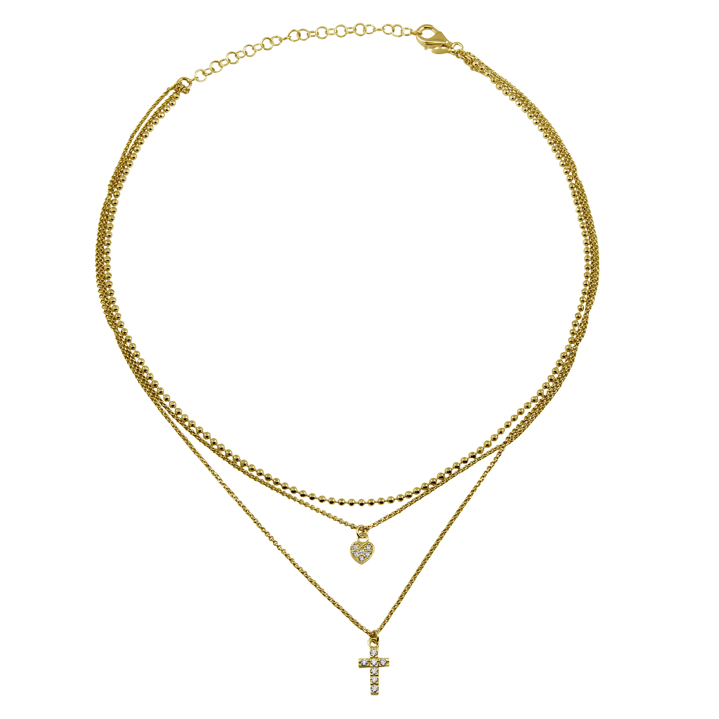 Gold Plated 925 Sterling Silver Triple Beaded Chain CZ Heart, Cross Necklace - ITN00123GP SPI