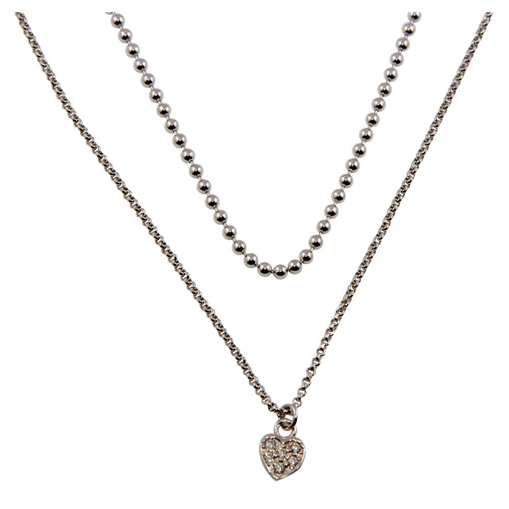 Rhodium Plated 925 Sterling Silver Double Chain and Drop Heart Necklace - ITN00127RH SPI