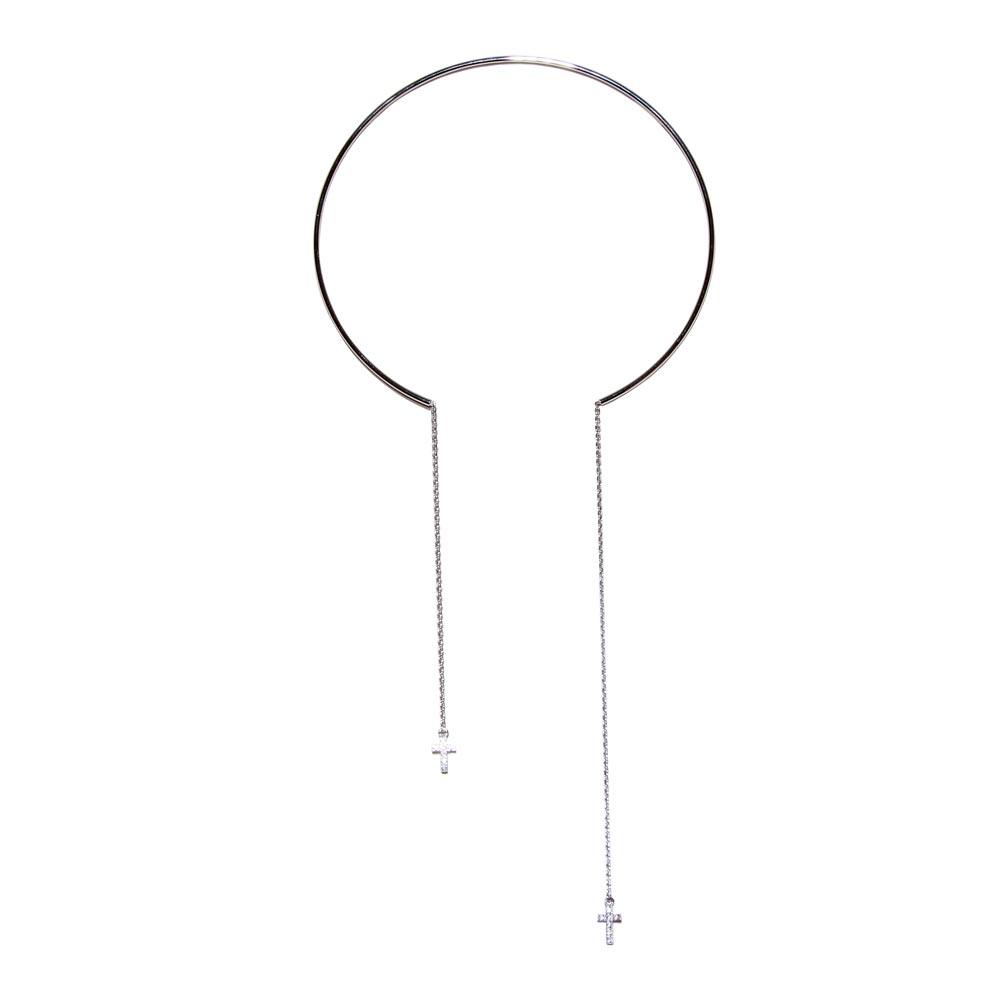 Rhodium Plated 925 Sterling Silver Cuff Wire Necklace with Asymmetrical Dangling Cross - ITN00129RH SPI