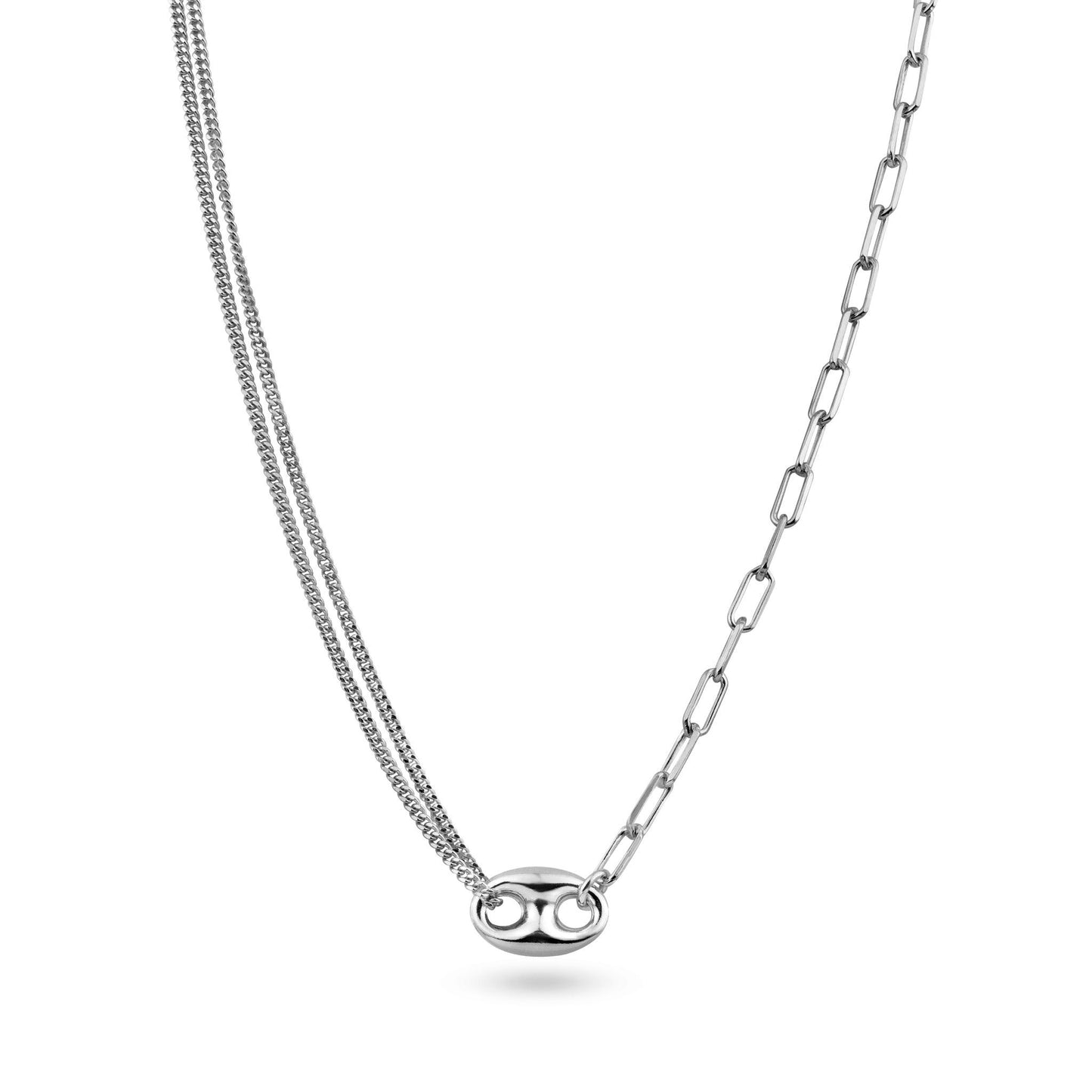 Rhodium Plated 925 Sterling Silver Puffed Mariner Double Strand Curb and Single Paperclip Adjustable Link Necklace - ITN00157-RH SPI