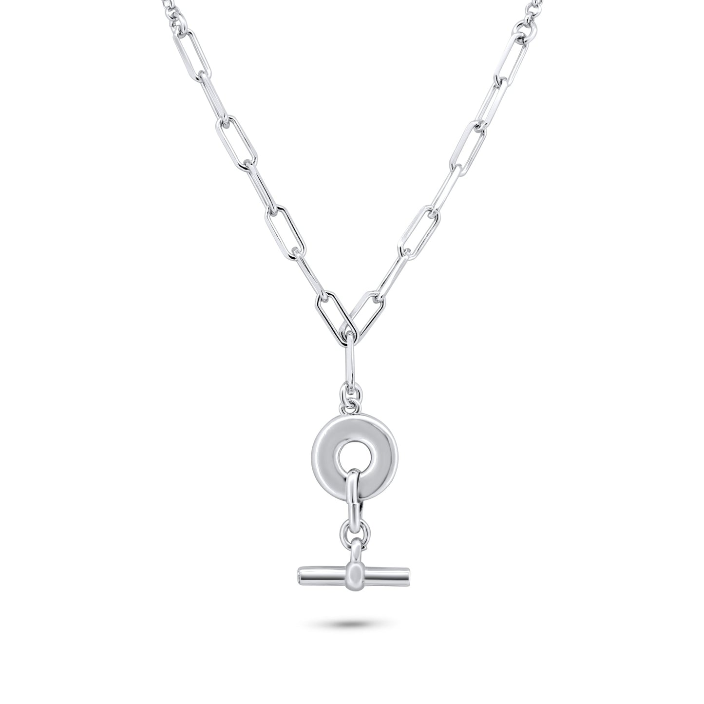 Rhodium Plated 925 Sterling Silver Paperclip Rolo Adjustable Donut and Bar Necklace - ITN00162-RH SPI