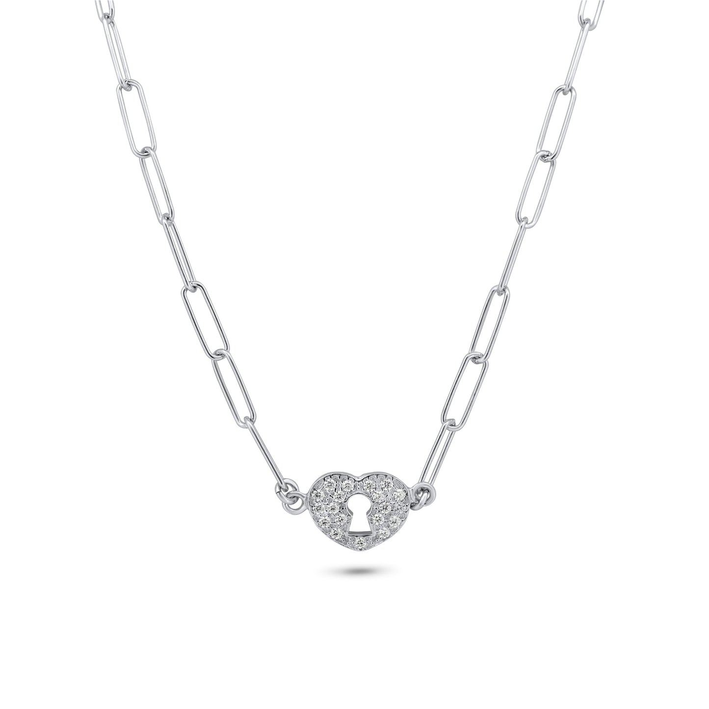 Rhodium Plated 925 Sterling Silver Paperclip Adjustable Clear CZ Heart Lock Necklace - ITN00163-RH SPI