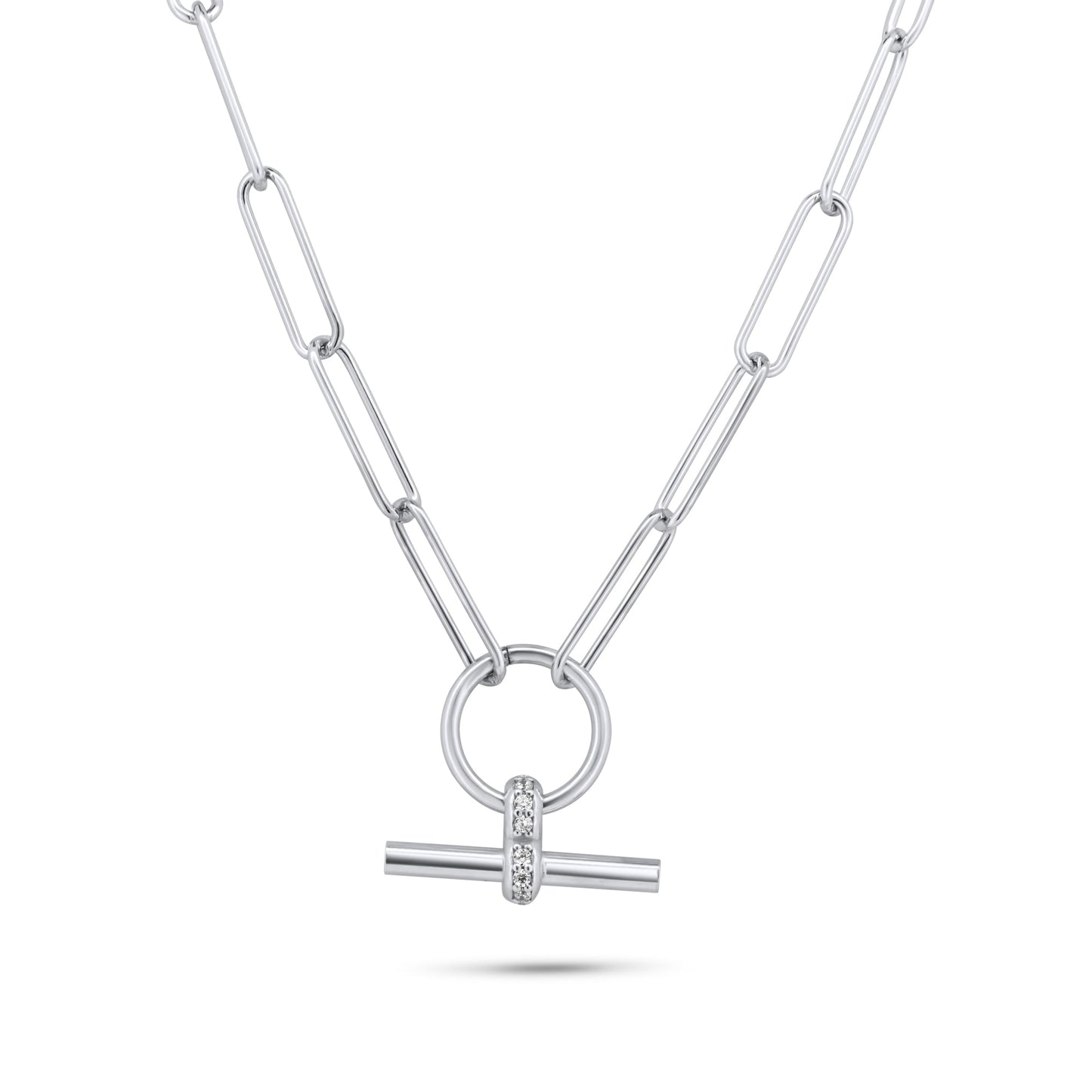 Rhodium Plated 925 Sterling Silver Paperclip Adjustable Clear CZ Toggle Charm Bar Necklace - ITN00165-RH SPI