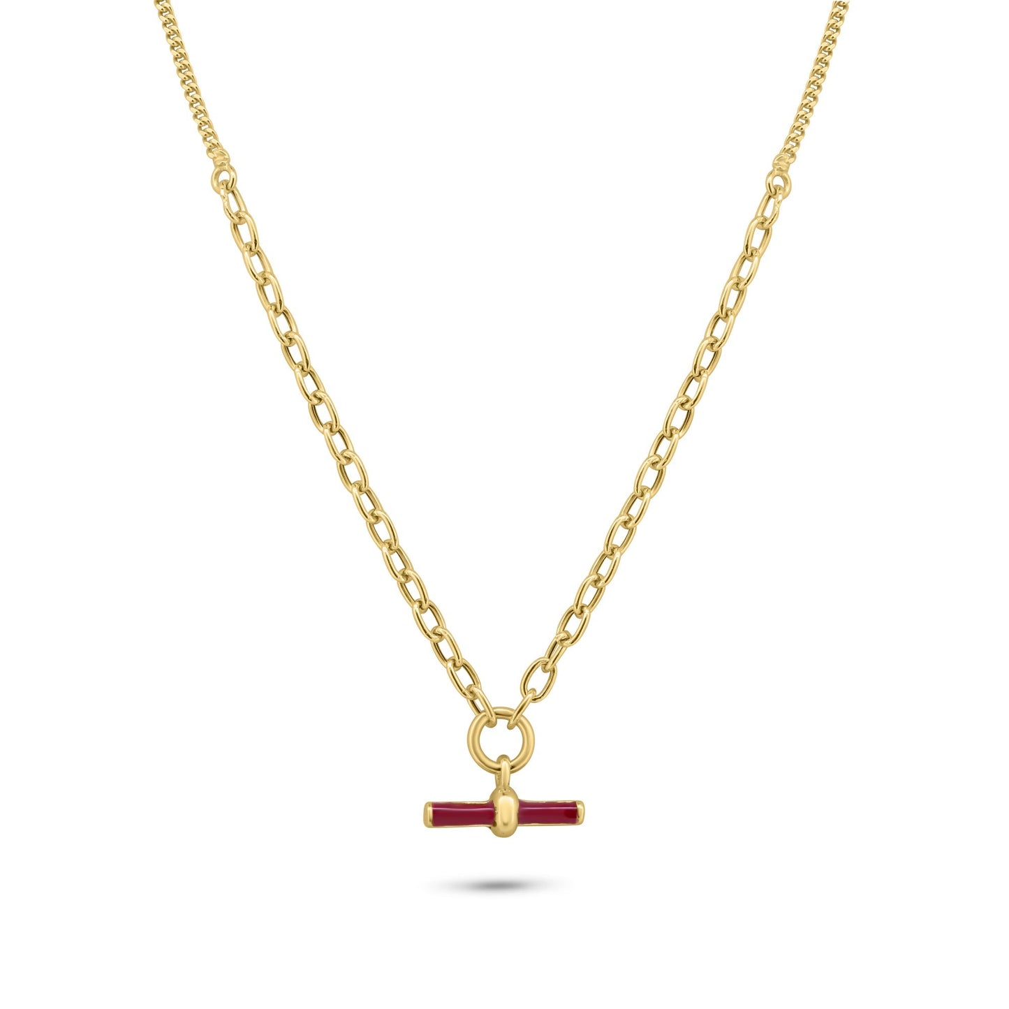 Gold Plated 925 Sterling Silver Curb Rolo Adjustable Enamel Red Bar Necklace - ITN00168-GP SPI