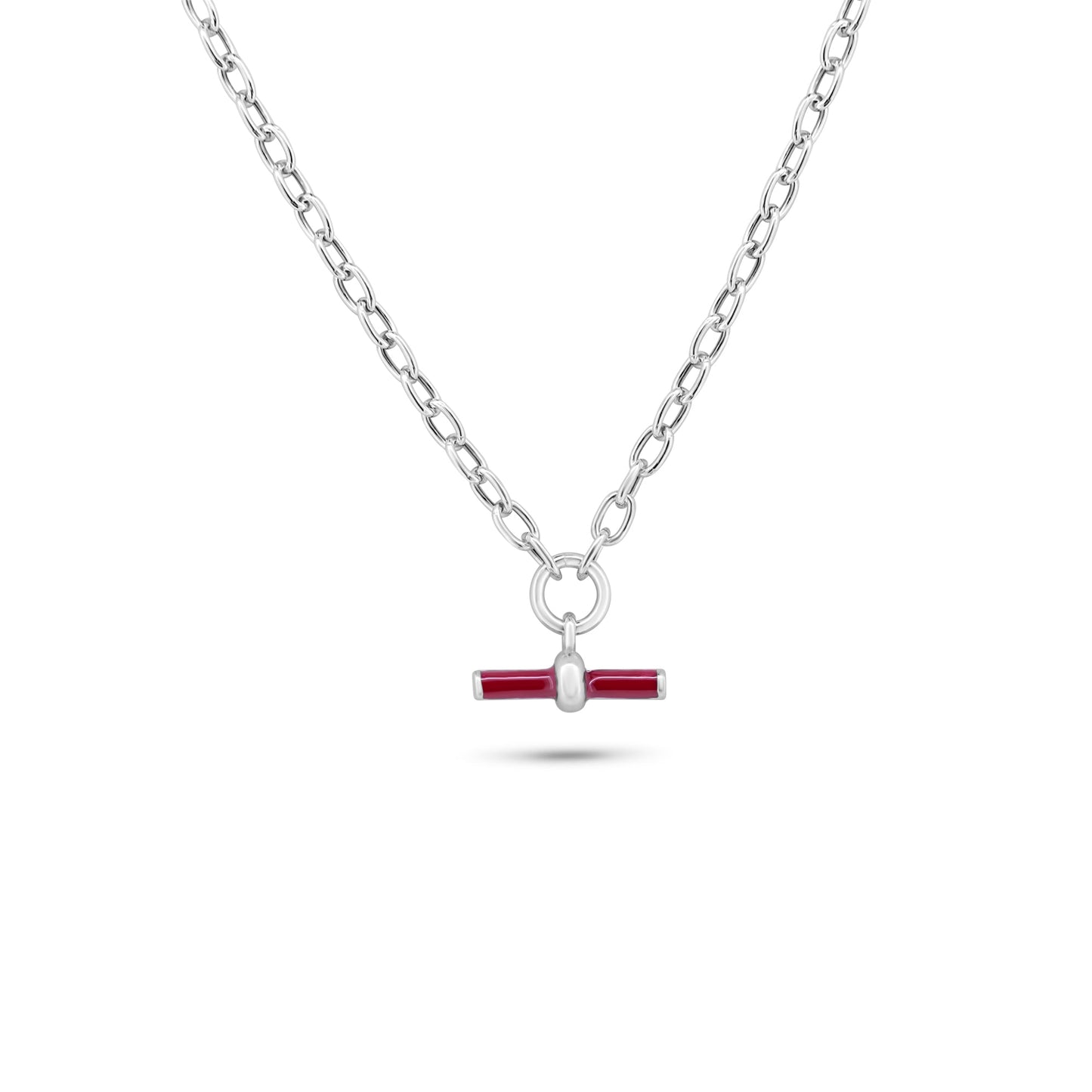 Rhodium Plated 925 Sterling Silver Curb Rolo Adjustable Enamel Red Bar Necklace - ITN00168-RH SPI