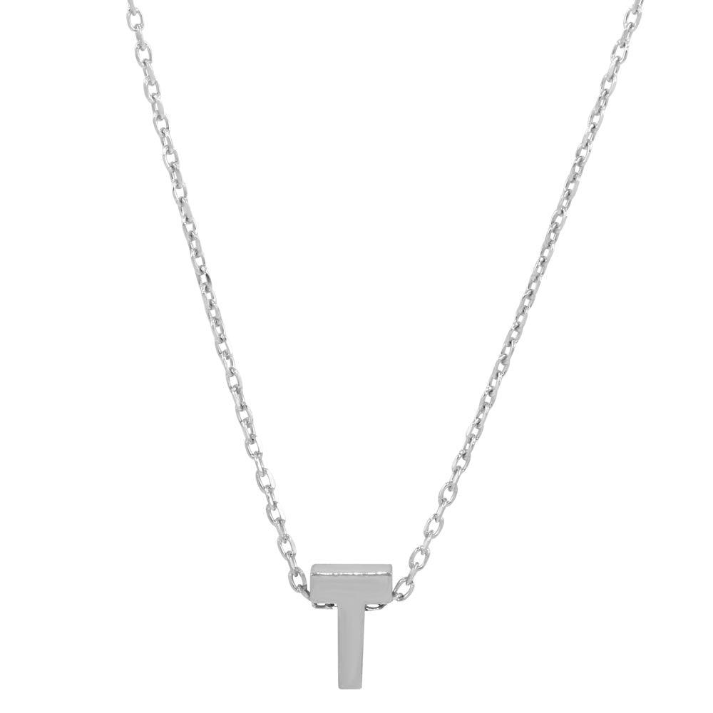 Rhodium Plated 925 Sterling Silver Small Initial T Necklace - JCP00001-T SPI