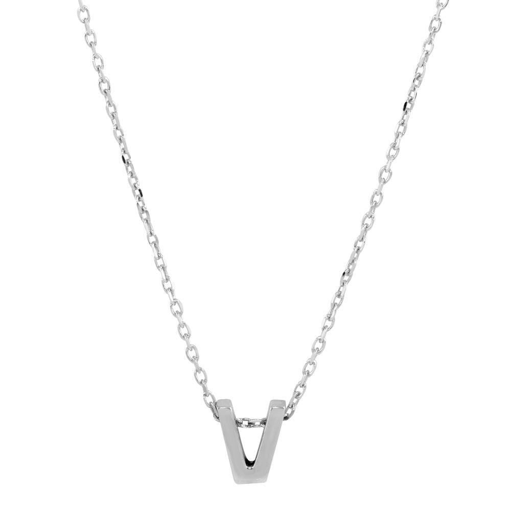 Rhodium Plated 925 Sterling Silver Small Initial V Necklace - JCP00001-V SPI