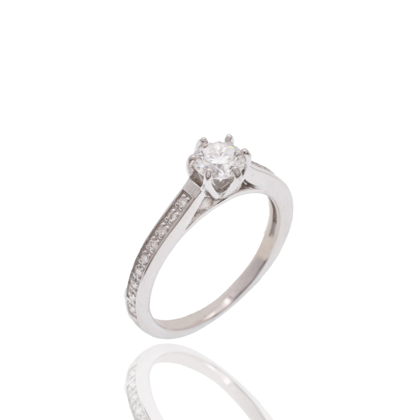 Rhodium Plated 925 Sterling Silver 5mm Round Lab Grown Diamond Pave Side Stones on Cathedral Style Engagement Ring - LGMR00007 Fantastic Jewelry NYC