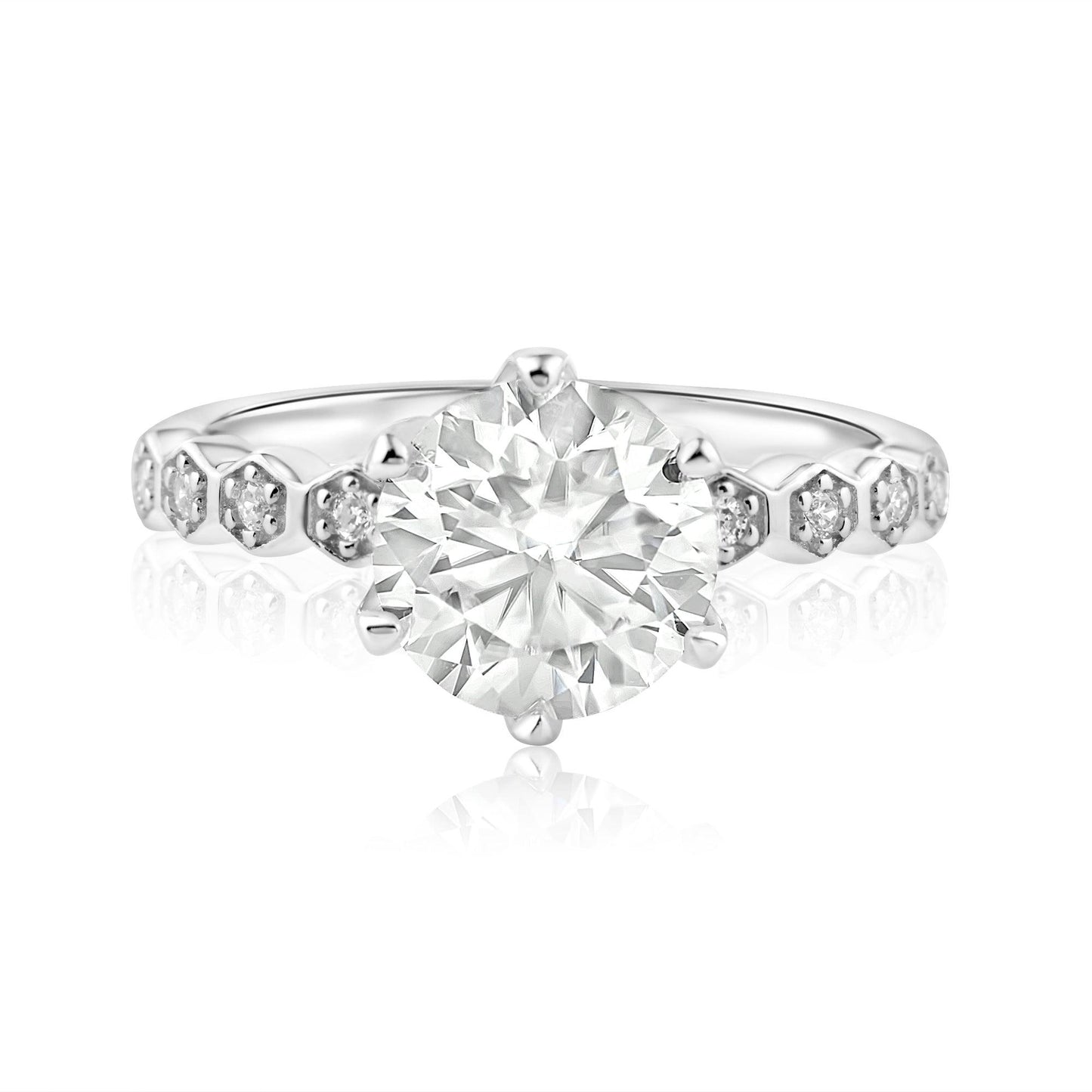Rhodium Plated 925 Sterling Silver 2 Carat Round Moissanite and Clear CZ Ring - MBGR00006 SPI