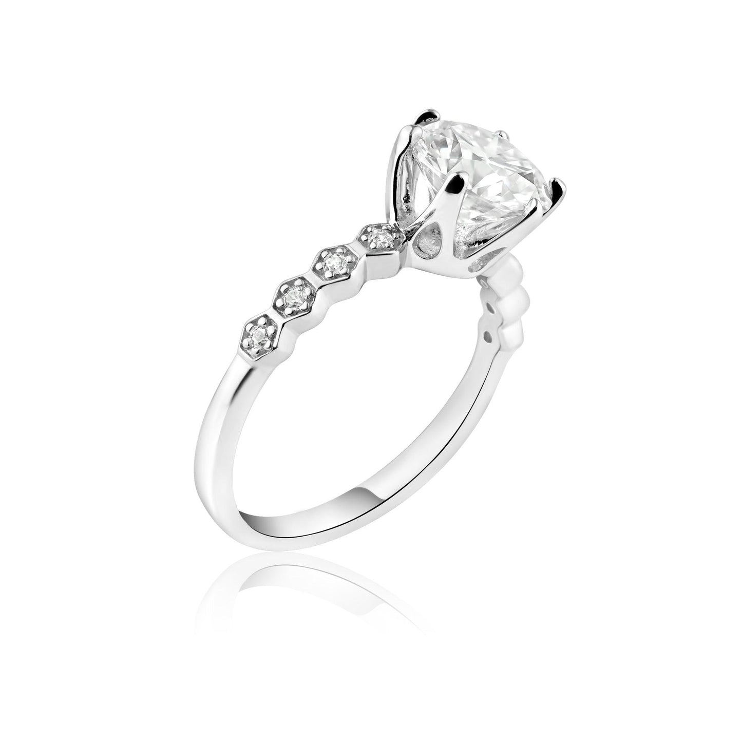 Rhodium Plated 925 Sterling Silver 2 Carat Round Moissanite and Clear CZ Ring - MBGR00006 SPI