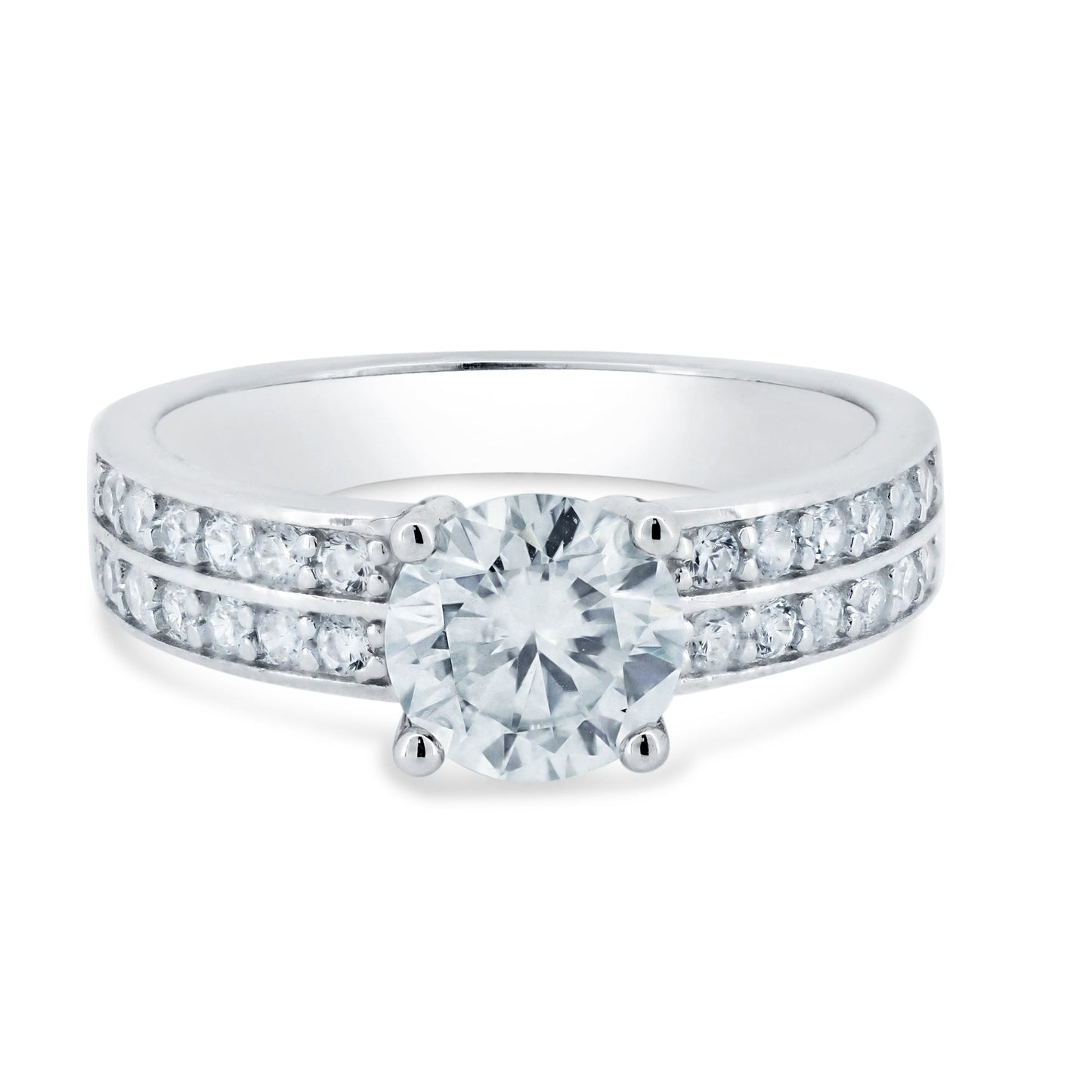 Rhodium Plated 925 Sterling Silver Double Row Shank Round Moissanite Stones Ring - MBGR00007 SPI