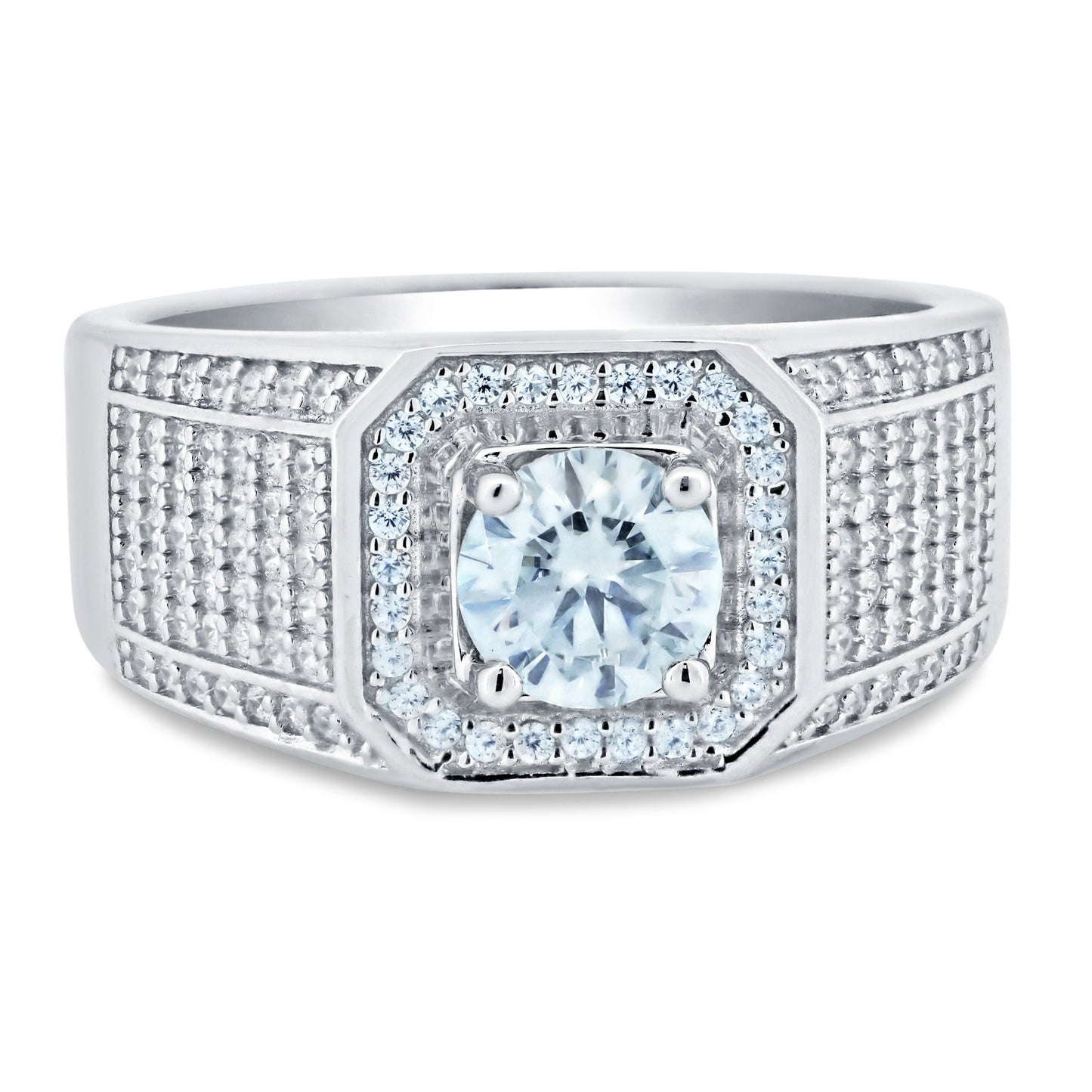 Rhodium Plated 925 Sterling Silver Men's 1 Carat Moissanite Stones Encrusted Statement Ring - MBGR00010 SPI