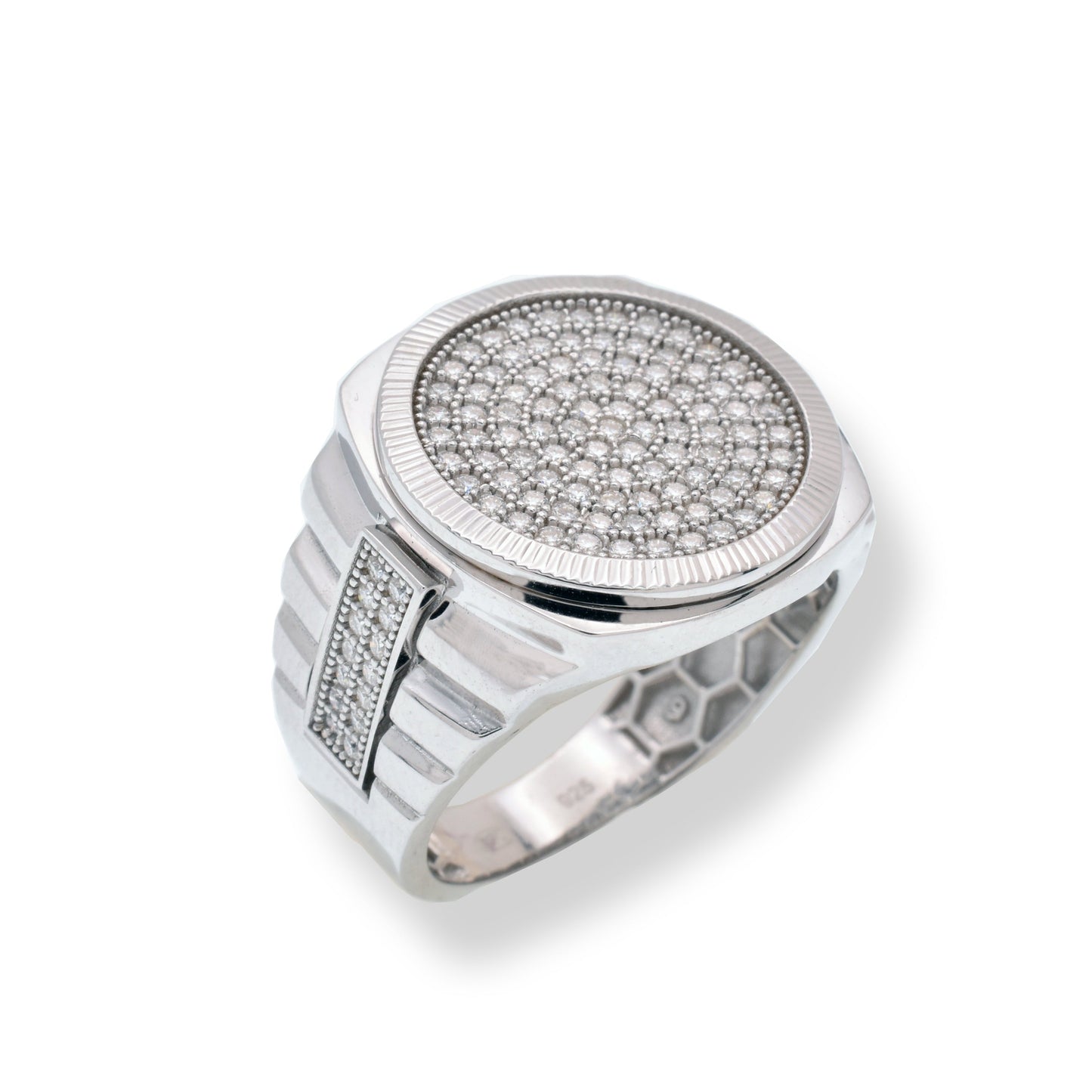 Rhodium Plated 925 Sterling Silver Men's Moissanite Stone Diamond Cut Round Bezel 18mm x 18.5mm Statement Ring - MGMR00034 Fantastic Jewelry NYC