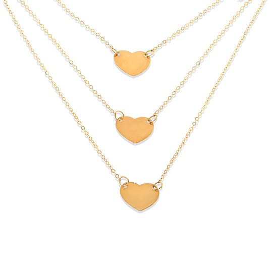 Triple Strand Puffed Heart Chain Necklace | 14K Gold With Cz