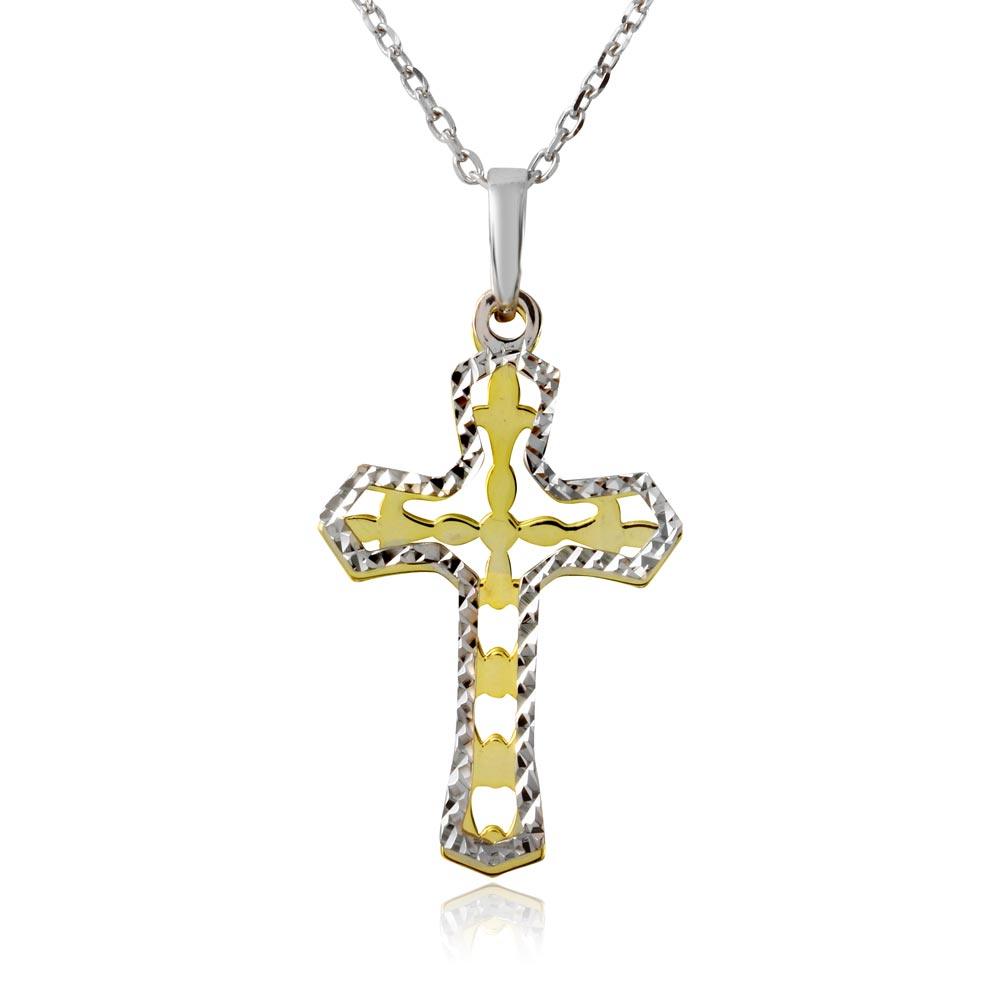 Gold and Rhodium Plated 925 Sterling Silver Double Cross Necklace - SOP00002 SPI