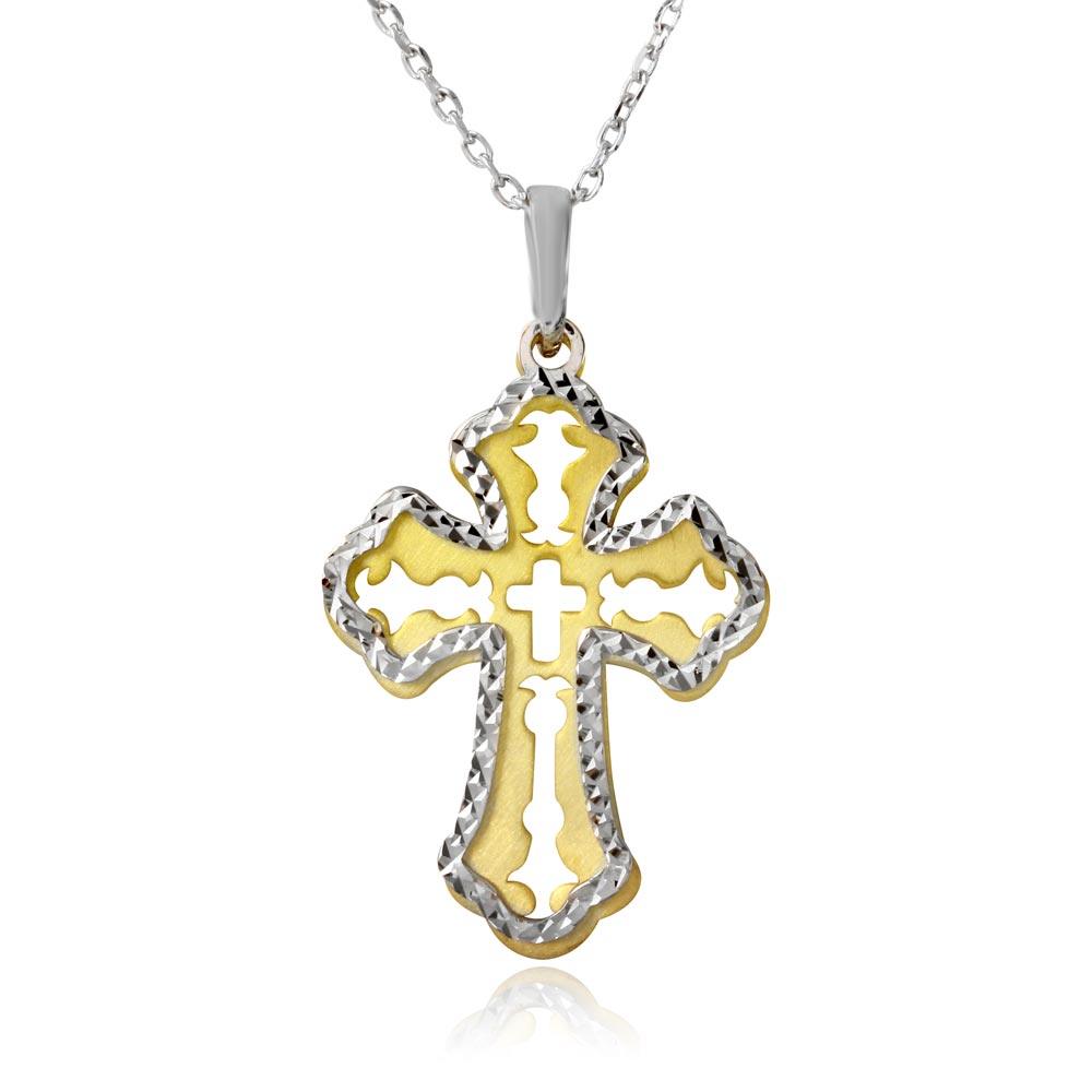 Gold and Rhodium Plated 925 Sterling Silver Double Cross Necklace - SOP00004 SPI