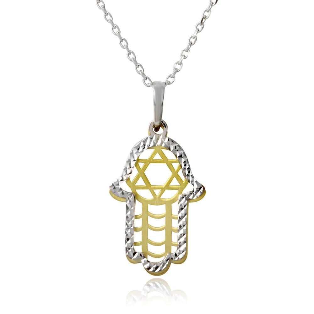 Gold and Rhodium Plated 925 Sterling Silver Hamsa with Star of David Symbol Necklace - SOP00005 SPI