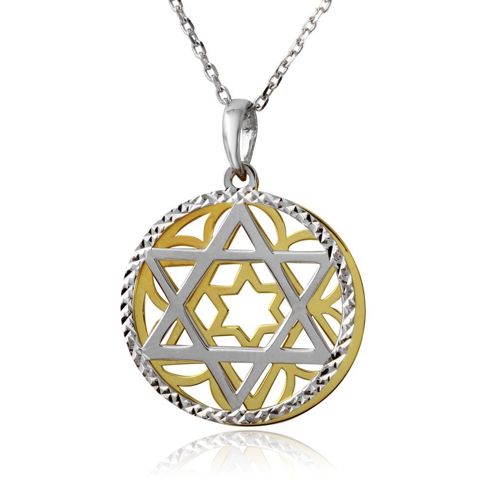 Gold and Rhodium Plated 925 Sterling Silver Star of David Medallion Necklace - SOP00009 SPI