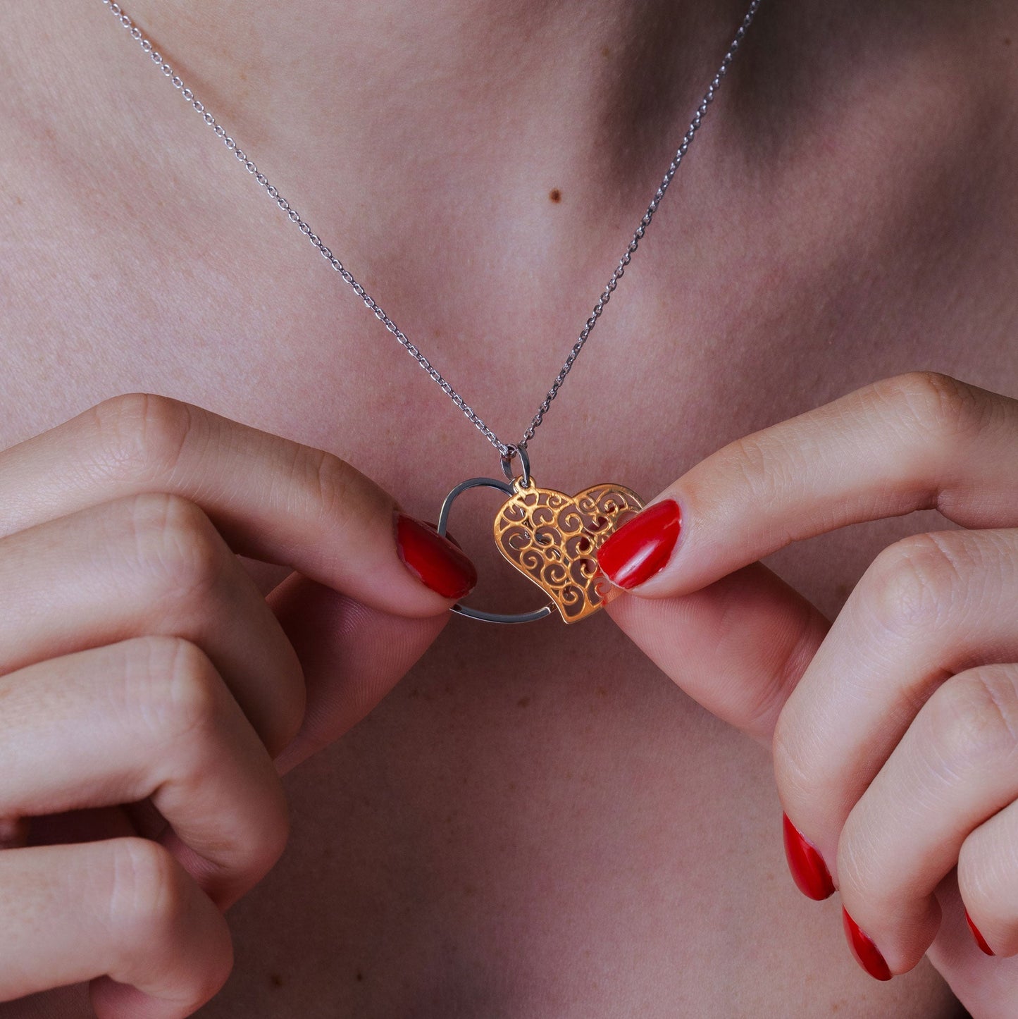 Rhodium and Rose Gold Plated 925 Sterling Silver Heart Necklace - SOP00016 SPI