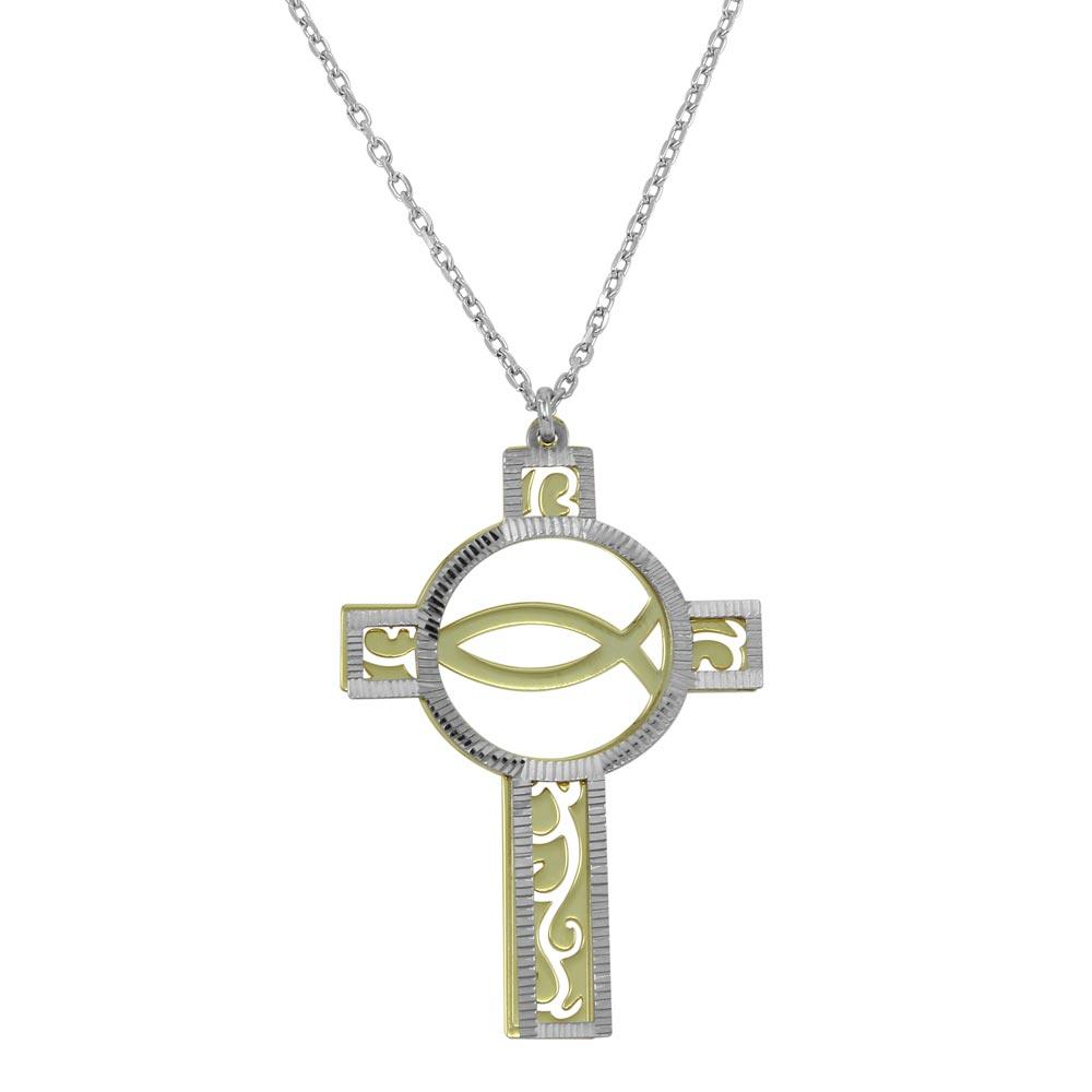 Two-Tone Gold and Rhodium Plated 925 Sterling Silver Cross Pendant Necklace - SOP00046 SPI