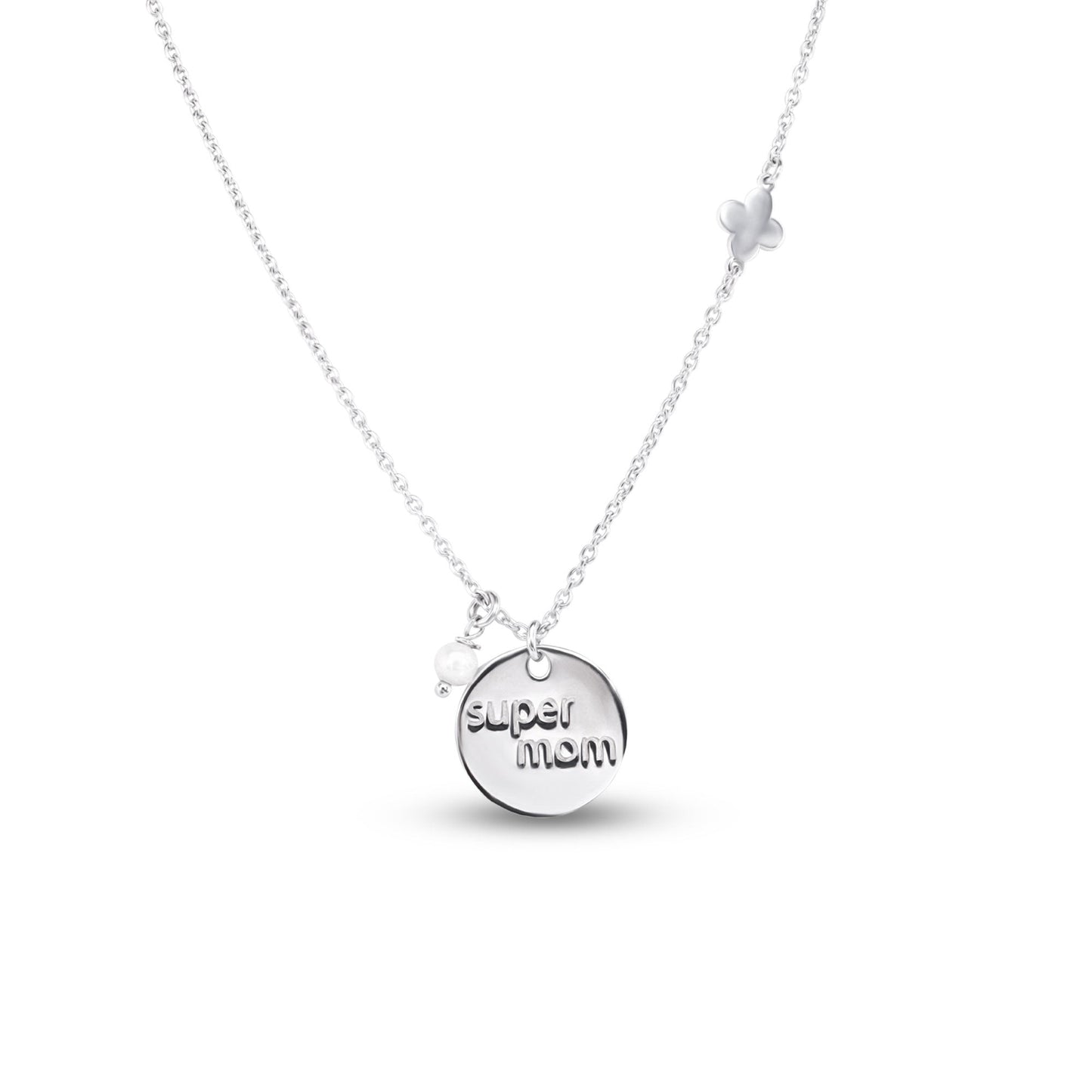 Rhodium Plated 925 Sterling Silver Super Mom Four Leaf Clover and Pearl Necklace Pendant - SOP00179 SPI