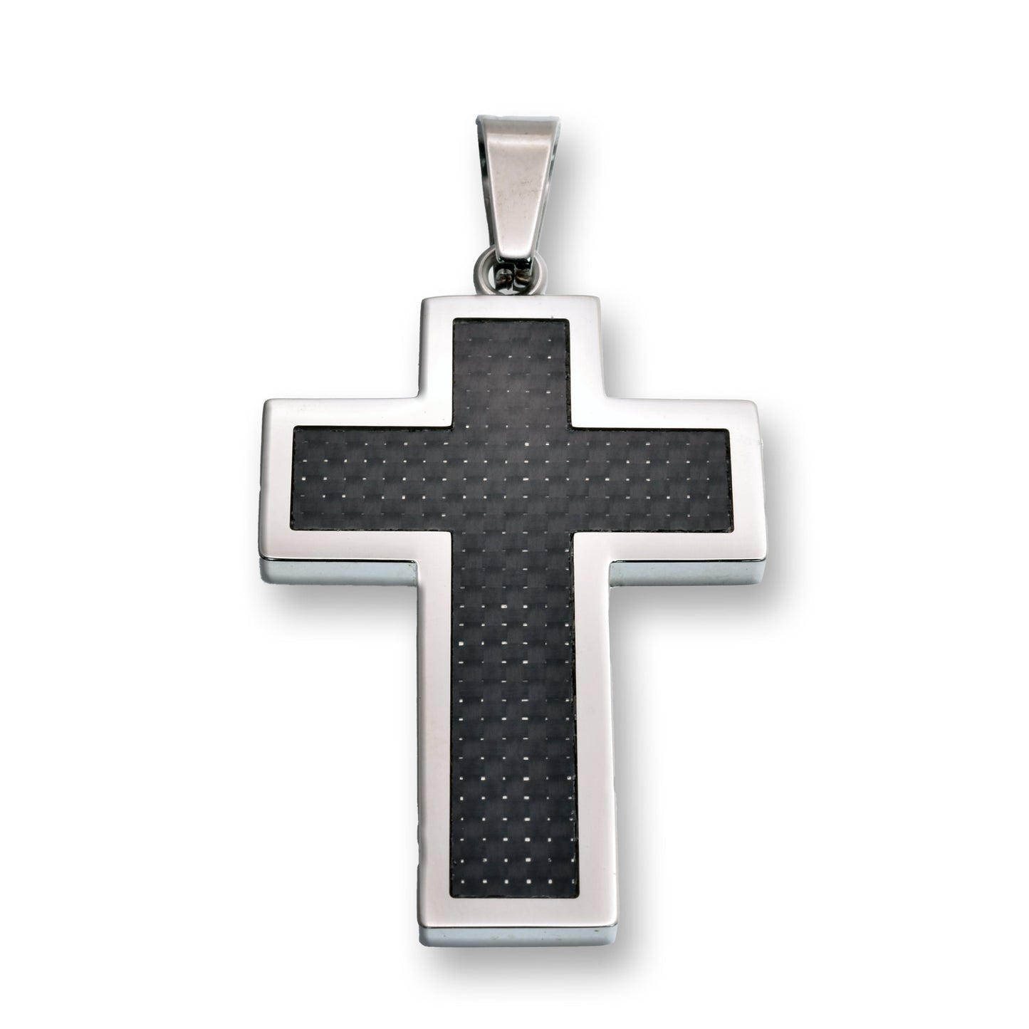 Rhodium Plated Stainless Steel Cross Carbon Fiber Inlay Silver Edging 28.1mm x 39mm Pendant - SSP00287 Fantastic Jewelry NYC