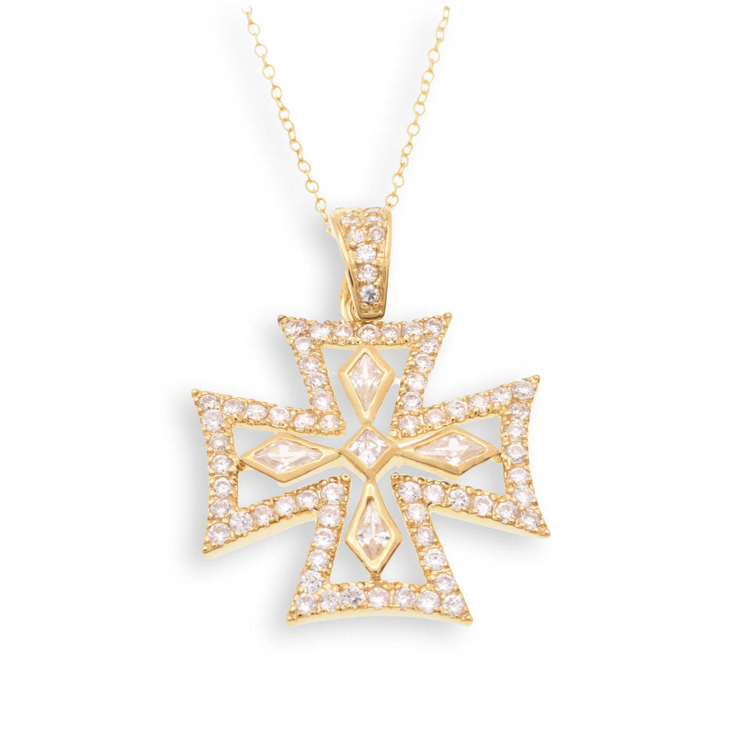 Clearance-Gold Plated 925 Sterling Silver Maltese Cross Clear CZ 29mm Pendant Necklace - STP00126GP Fantastic Jewelry NYC