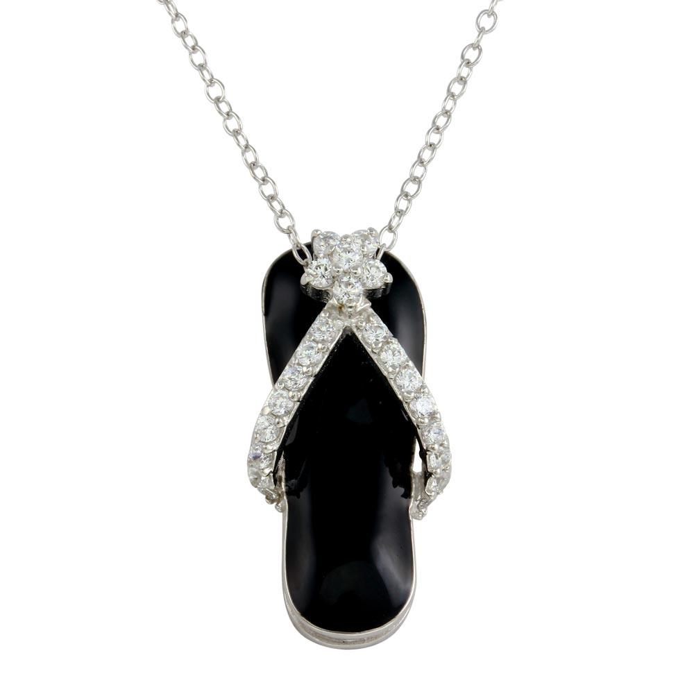 Rhodium Plated 925 Sterling Silver Black Flip-Flop Necklace with CZ - STP00402BLK SPI