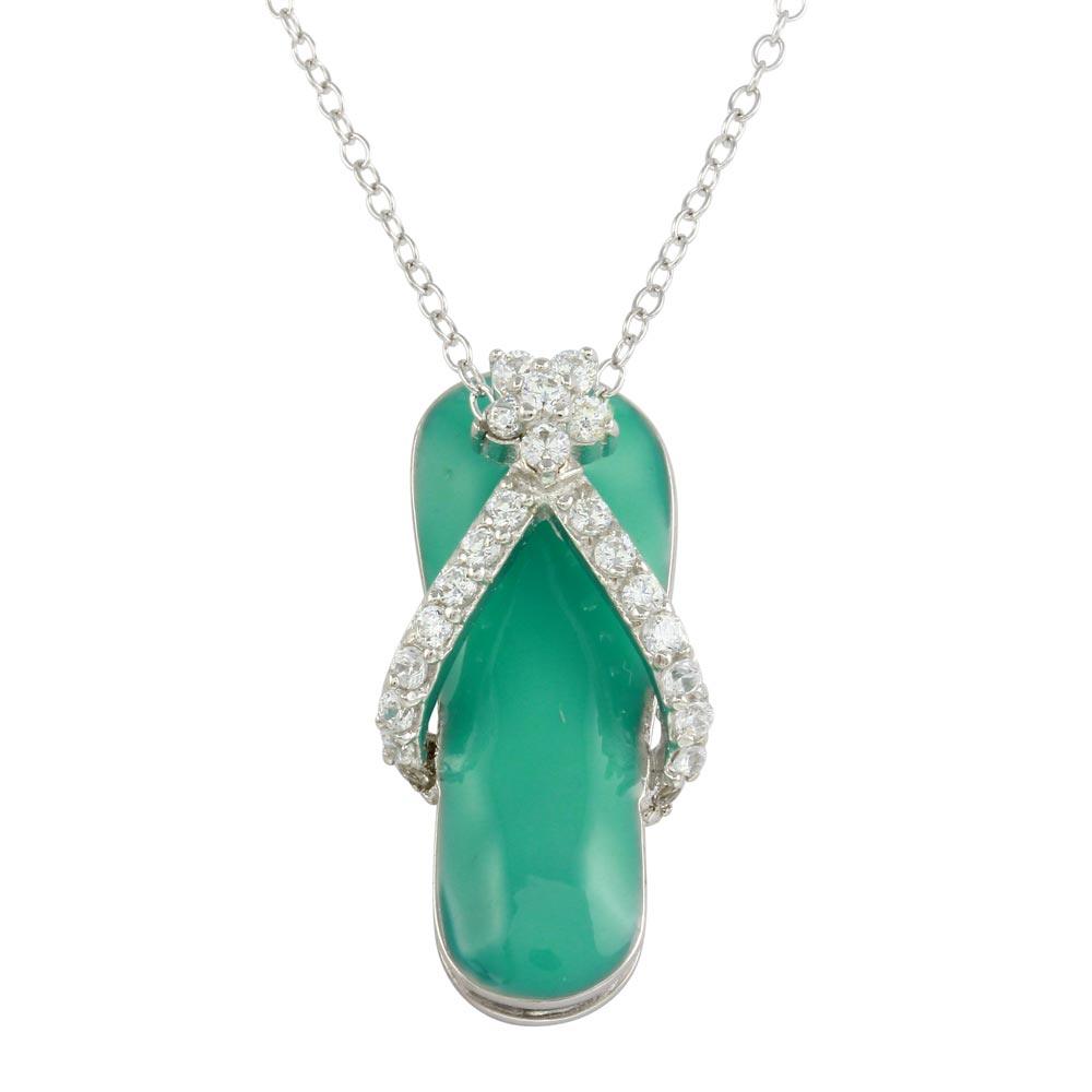 Rhodium Plated 925 Sterling Silver Blue Flip-Flop Necklace with CZ - STP00402BLU SPI