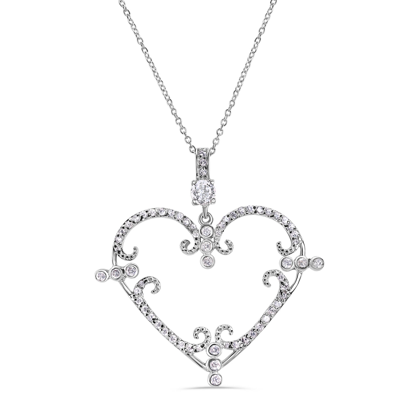 Clearance - Rhodium Plated 925 Sterling Silver Open CZ Filigree Heart Necklace - STP00605 SPI