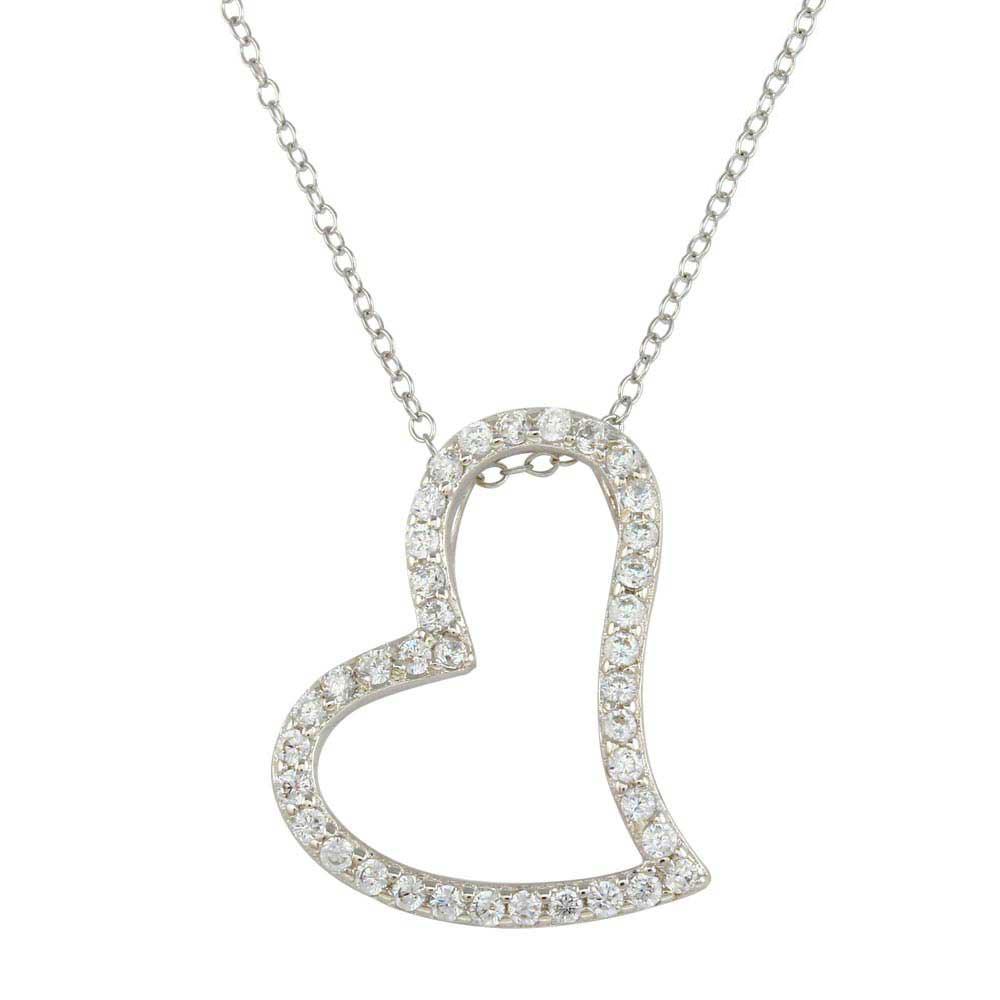 Rhodium Plated 925 Sterling Silver Crooked Heart Necklace with CZ - STP01498 SPI