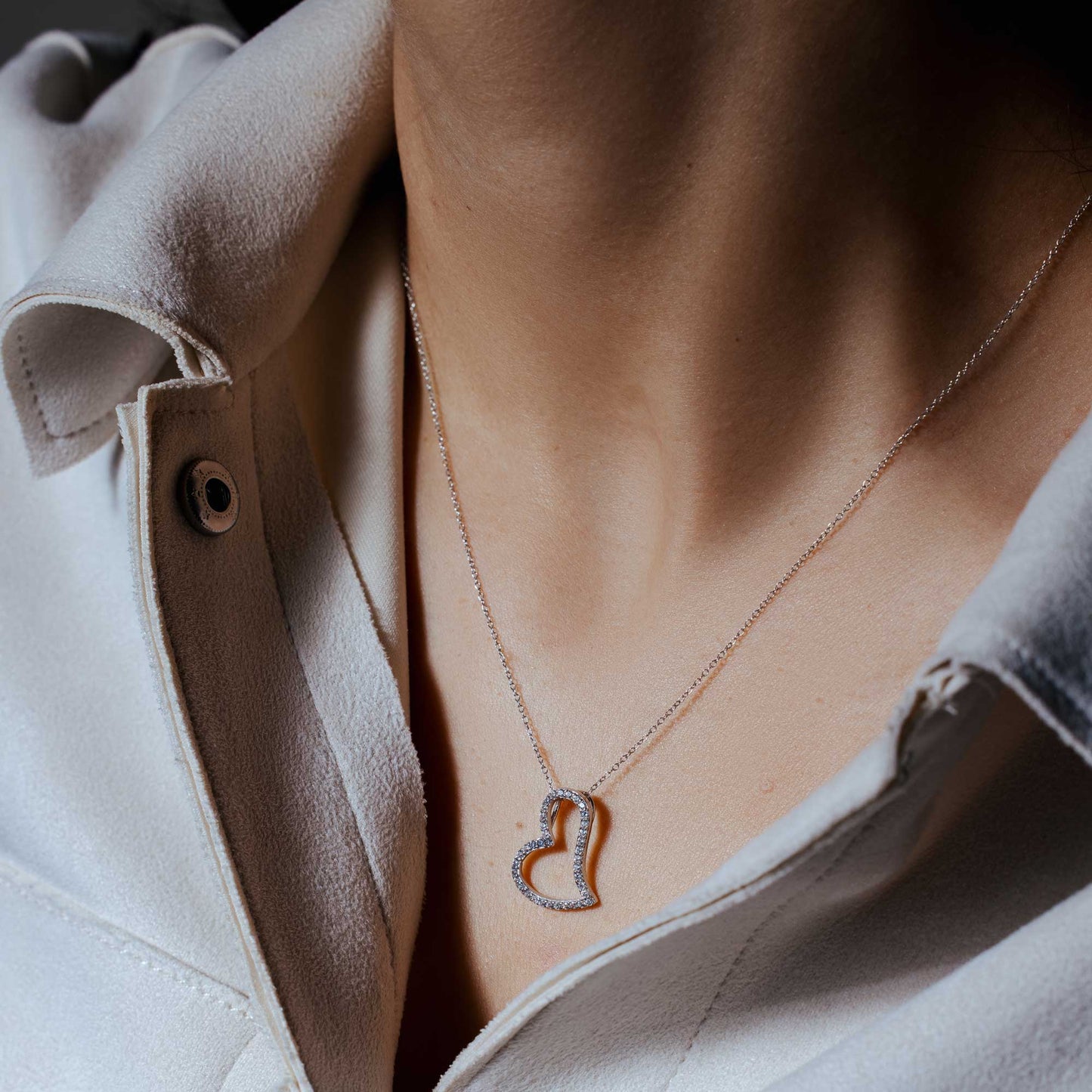 Rhodium Plated 925 Sterling Silver Crooked Heart Necklace with CZ - STP01498 SPI