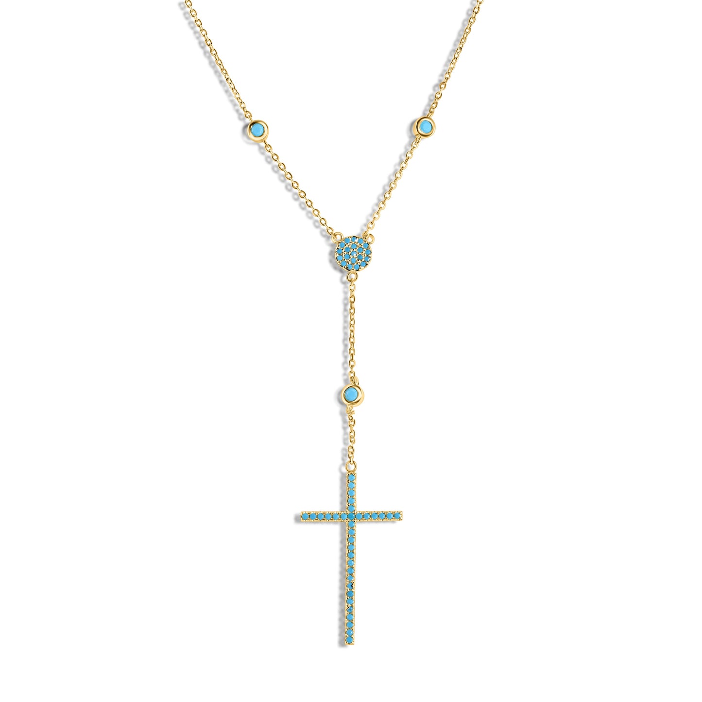 Silver 925 Gold Plated Cross Necklace with Synthetic Turquoise Stones - STP01513GP SPI