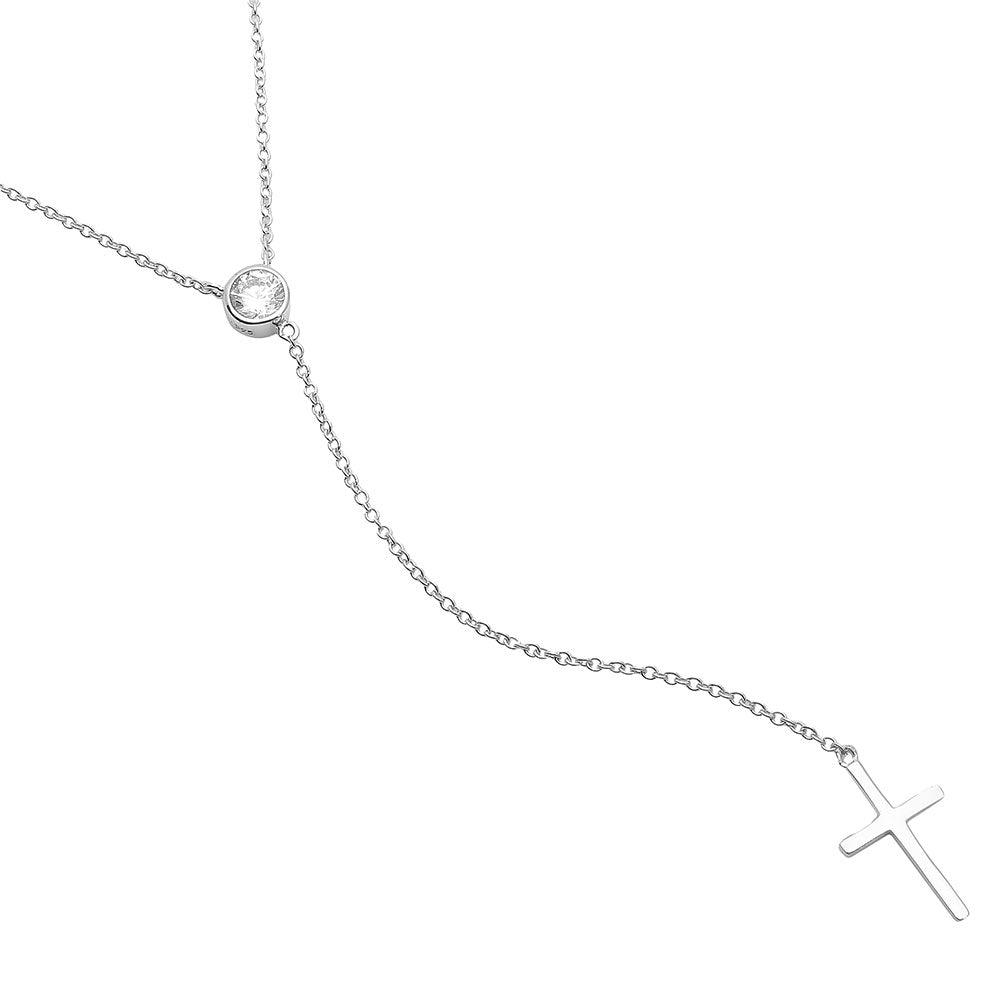 Silver 925 Rhodium Plated Single CZ Stone with Drop Cross Necklace - STP01519 SPI