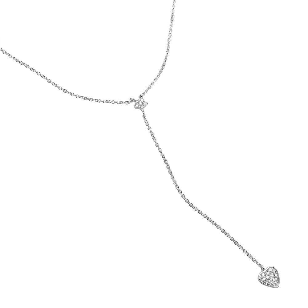 Silver 925 Rhodium Plated Star and Heart Drop CZ Necklace - STP01520 SPI